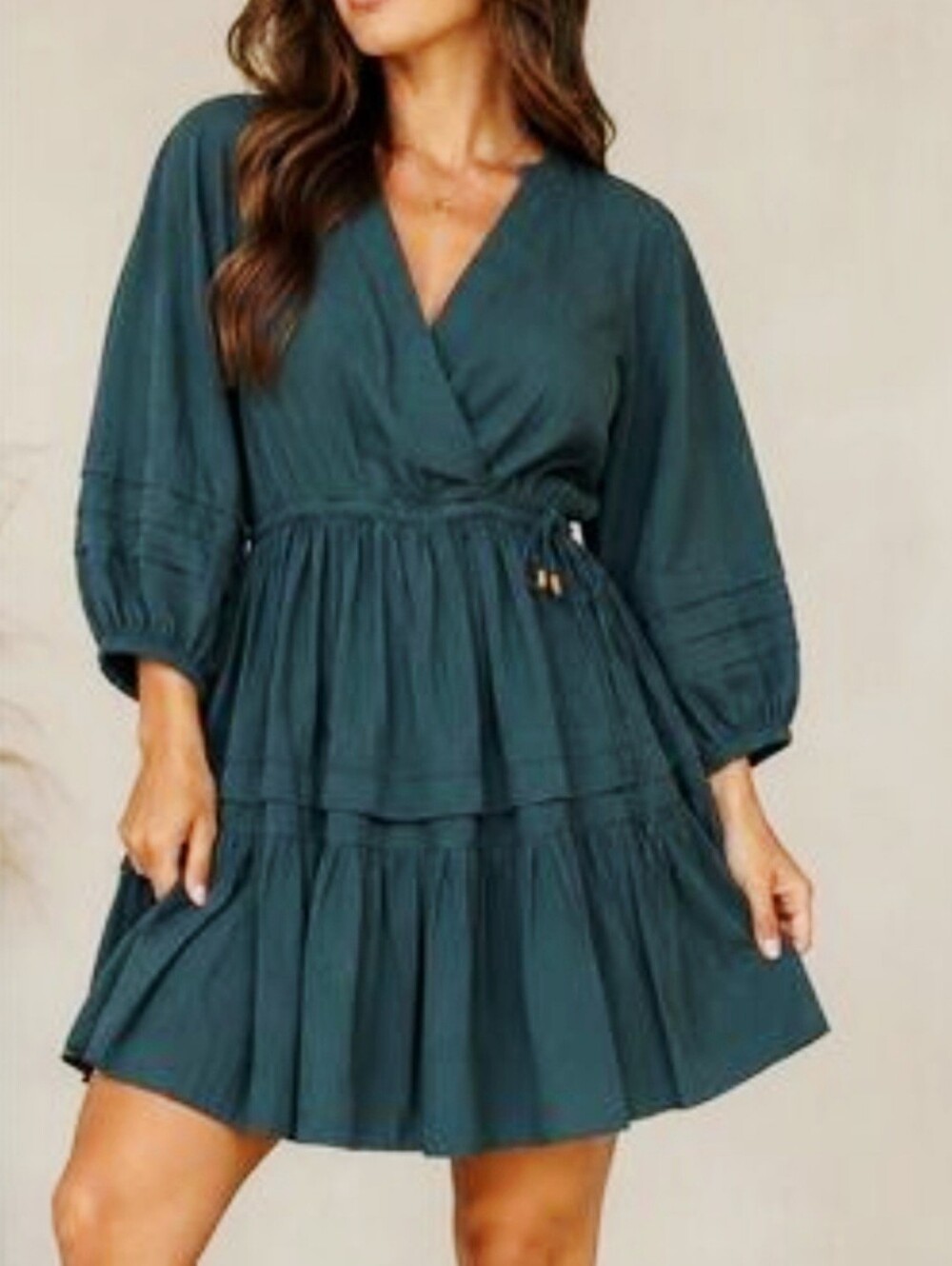 Madewell | Crinkle Poplin Faux Wrap Mini Dress with Puff Sleeves | Forest Green